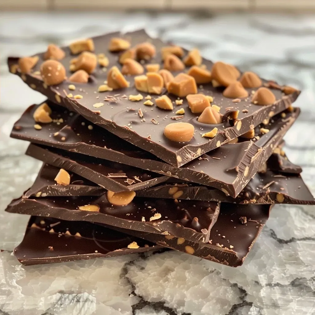 ['Close-up view of chocolate peanut butter cup bark with mini peanut butter cups embedded.', 'Side view of a delectable chocolate and peanut butter layer dessert.', 'Texture-rich chocolate bark featuring peanut butter chips and mini cups.', 'Layered sweets highlighting shiny dark chocolate and peanut butter elements.']