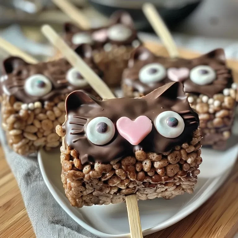 ['Close-up view of Chocolate Rice Krispie Treat Cat Pops with candy eyes and heart sprinkles.', 'Side view of cute cat-shaped pops made from Rice Krispie treats, coated in chocolate.', 'Adorable chocolate-covered cat pops with colorful sprinkles, displayed on a plate.', 'Artistic presentation of Rice Krispie Treats shaped like cats, decorated with eyes and hearts.']