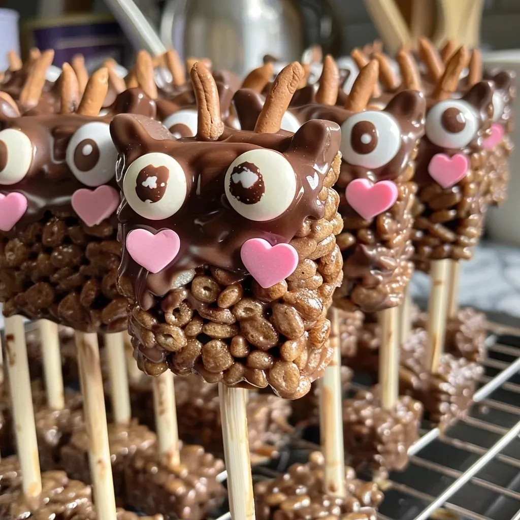 ['Close-up view of Chocolate Rice Krispie Treat Cat Pops with candy eyes and heart sprinkles.', 'Side view of cute cat-shaped pops made from Rice Krispie treats, coated in chocolate.', 'Adorable chocolate-covered cat pops with colorful sprinkles, displayed on a plate.', 'Artistic presentation of Rice Krispie Treats shaped like cats, decorated with eyes and hearts.']