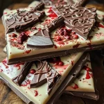 ['Close-up view of colorful Chocolate Weapons Bark featuring candy decorations.', 'Side view of Chocolate Weapons Bark with chocolate and icing decorations.', 'Detailed image of Chocolate Weapons Bark showcasing knife-shaped candies.', 'Tempting Chocolate Weapons Bark with red gel icing accents.']