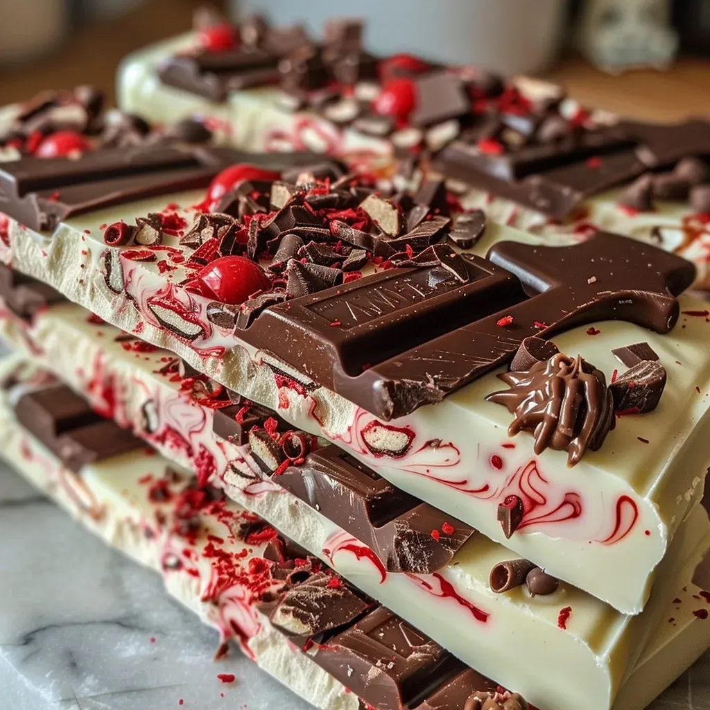 ['Close-up view of colorful Chocolate Weapons Bark featuring candy decorations.', 'Side view of Chocolate Weapons Bark with chocolate and icing decorations.', 'Detailed image of Chocolate Weapons Bark showcasing knife-shaped candies.', 'Tempting Chocolate Weapons Bark with red gel icing accents.']