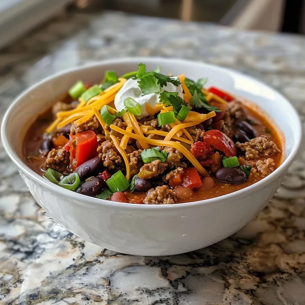 ['Close-up view of a bowl of Chorizo Chili, showcasing vibrant ingredients.', 'Side perspective of a hearty Chorizo Chili in a bowl with toppings.', 'Detailed image of Chorizo Chili, highlighting beans, chorizo, and fresh garnishes.', 'Delicious Chorizo Chili with visible chunks of meat and colorful vegetables.']