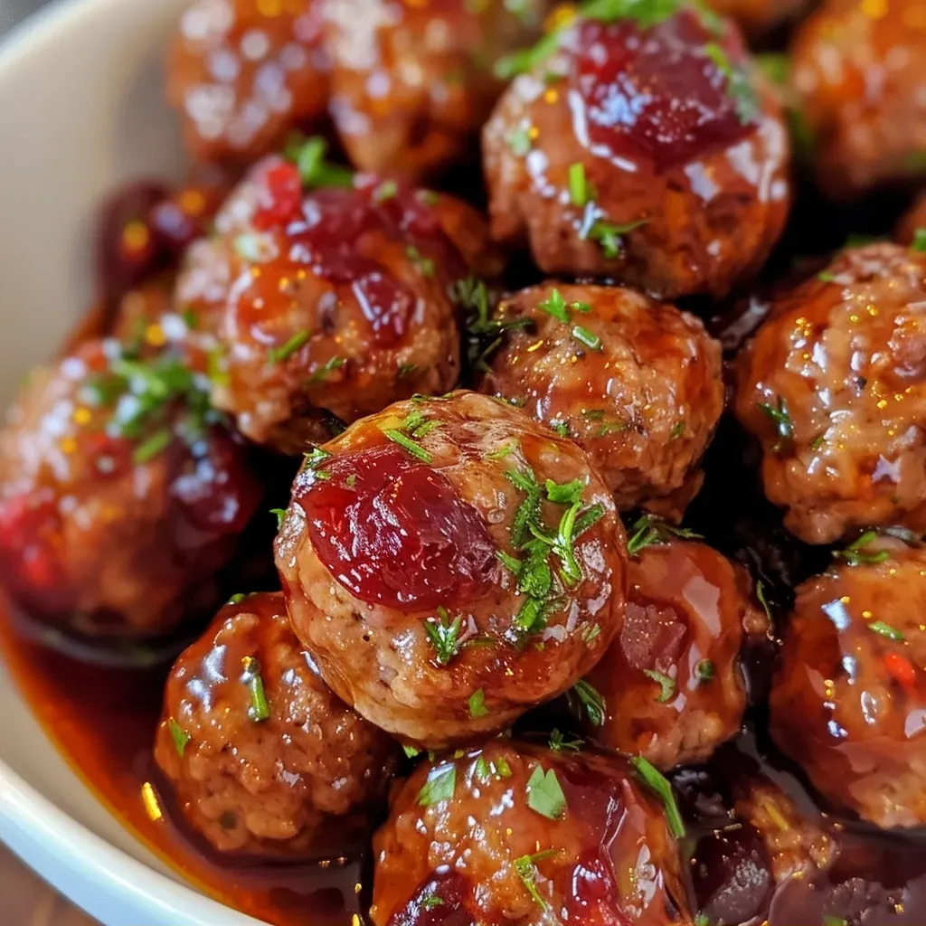 ['Side view of juicy cranberry meatballs served in a bowl.', 'Close-up photo of Christmas cranberry meatballs in a rich sauce.', 'Delicious meatballs coated in cranberry sauce, presented on a festive table.', 'A vibrant dish of Christmas cranberry meatballs glistening under natural light.']