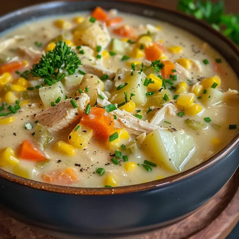 ['A close-up view of a bowl of Chunky Chicken Corn Chowder with visible ingredients like chicken, corn, and vegetables.', 'Side view of a hearty Chunky Chicken Corn Chowder in a rustic bowl, showcasing a creamy texture and colorful ingredients.', 'Close photo of a steaming bowl of Chunky Chicken Corn Chowder, highlighting chunks of chicken and corn kernels.', 'Side profile of a delicious Chunky Chicken Corn Chowder, featuring diced vegetables and a rich, creamy broth.']
