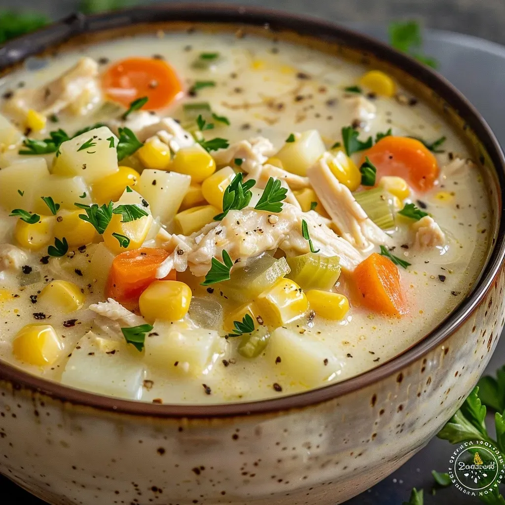 ['A close-up view of a bowl of Chunky Chicken Corn Chowder with visible ingredients like chicken, corn, and vegetables.', 'Side view of a hearty Chunky Chicken Corn Chowder in a rustic bowl, showcasing a creamy texture and colorful ingredients.', 'Close photo of a steaming bowl of Chunky Chicken Corn Chowder, highlighting chunks of chicken and corn kernels.', 'Side profile of a delicious Chunky Chicken Corn Chowder, featuring diced vegetables and a rich, creamy broth.']