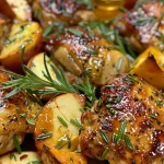 ['Close-up of juicy cider glazed chicken thighs with rosemary and apple slices.', 'Side view of succulent cider glazed chicken thighs garnished with fresh herbs and apples.', 'Detailed view of golden chicken thighs drizzled in cider glaze, accompanied by sweet potato and apple.', 'Tantalizing chicken thighs with a shiny glaze, surrounded by rustic ingredients on a wooden surface.']
