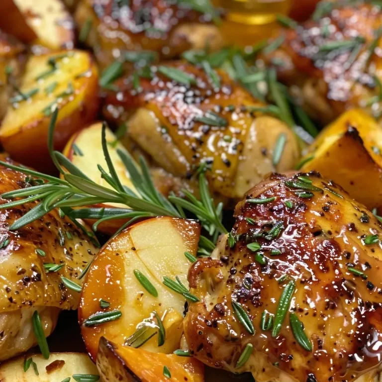 ['Close-up of juicy cider glazed chicken thighs with rosemary and apple slices.', 'Side view of succulent cider glazed chicken thighs garnished with fresh herbs and apples.', 'Detailed view of golden chicken thighs drizzled in cider glaze, accompanied by sweet potato and apple.', 'Tantalizing chicken thighs with a shiny glaze, surrounded by rustic ingredients on a wooden surface.']