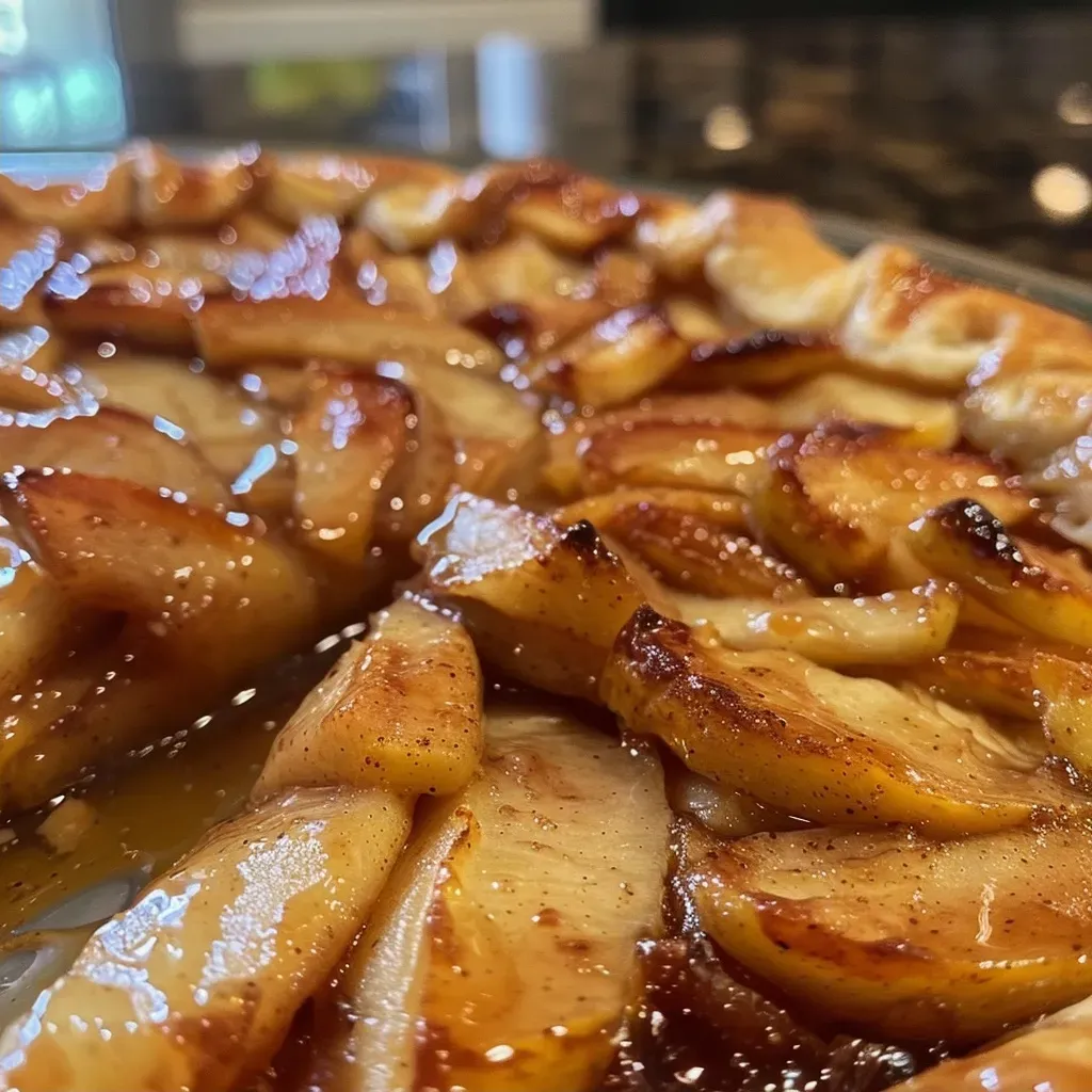 ['Close-up side view of a baked Cinnamon Apple Galette with golden crust and juicy apple filling.', 'A rustic Cinnamon Apple Galette displaying slices of Granny Smith apples and a flaky pastry edge.', 'Side angle of a deliciously baked Cinnamon Apple Galette with caramelized apples and cinnamon dust.', 'Detailed view of a Cinnamon Apple Galette showcasing its golden crust and vibrant apple slices.']