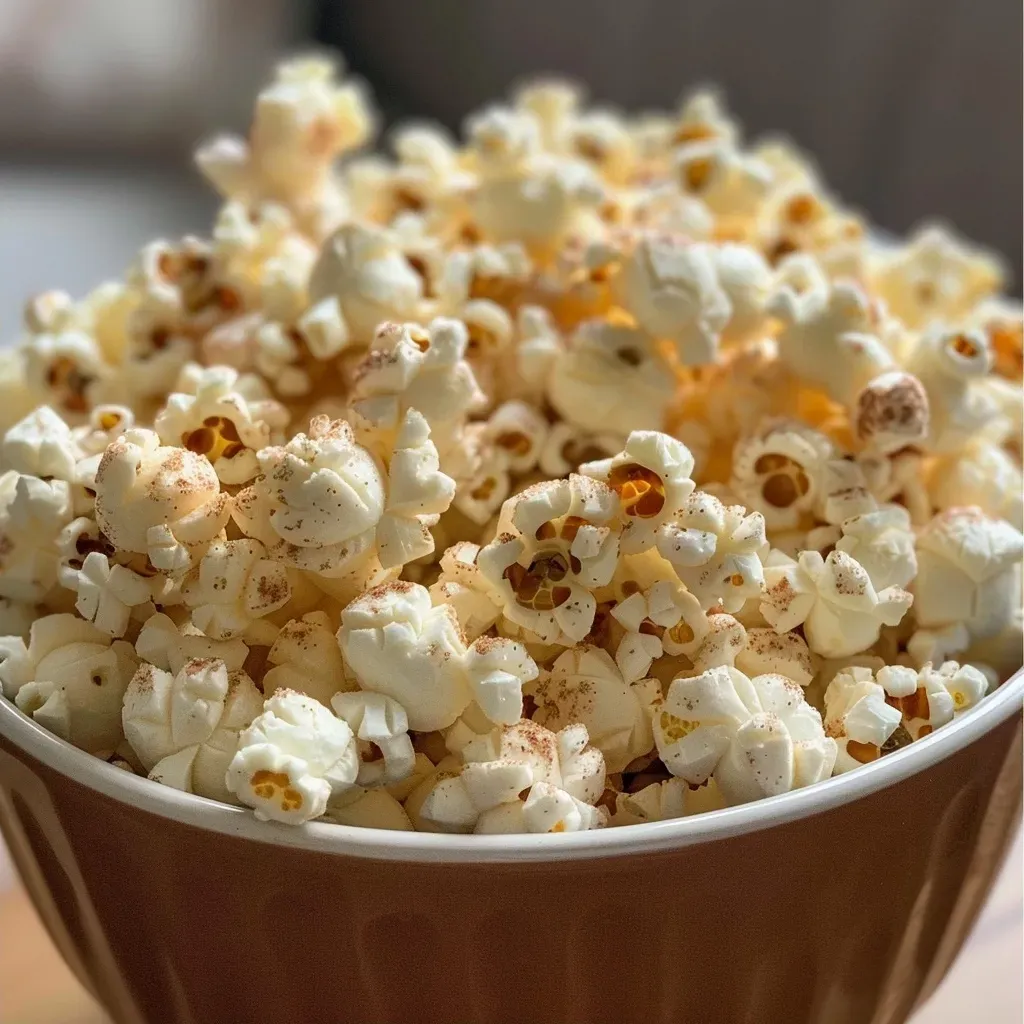 ['Close-up of golden-brown cinnamon popcorn scattered on a surface.', 'Side view of cinnamon-flavored popcorn with a glossy texture.', 'A pile of cinnamon popcorn glistening with melted butter and sugar.', 'Deliciously coated popcorn with a dusting of cinnamon and sugar.']