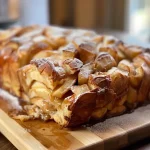 ['Close-up view of a golden-brown Cinnamon Pull Apart Bread with a soft texture.', 'Side angle of a freshly baked Cinnamon Pull Apart Bread, showcasing its layered pull-apart design.', 'Detailed close-up of Cinnamon Pull Apart Bread, revealing swirls of cinnamon and sugar.', 'Appealing side view of a Cinnamon Pull Apart Bread drizzled with icing, highlighting its delicious layers.']