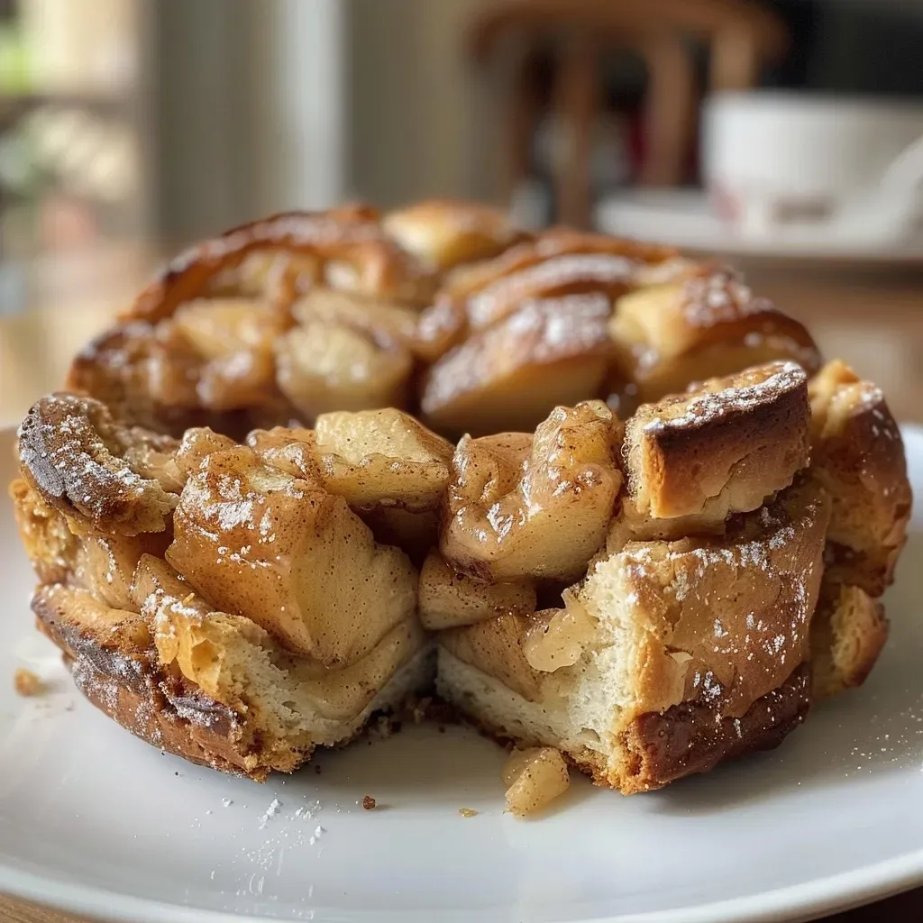 ['Close-up view of a golden-brown Cinnamon Pull Apart Bread with a soft texture.', 'Side angle of a freshly baked Cinnamon Pull Apart Bread, showcasing its layered pull-apart design.', 'Detailed close-up of Cinnamon Pull Apart Bread, revealing swirls of cinnamon and sugar.', 'Appealing side view of a Cinnamon Pull Apart Bread drizzled with icing, highlighting its delicious layers.']
