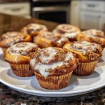 ['Close-up view of a golden-brown cinnamon roll muffin with a glossy topping.', 'Side view of a freshly baked cinnamon roll muffin showcasing its soft texture.', 'A single cinnamon roll muffin, rich in cinnamon and drizzled with icing.', 'Detailed image of a fluffy cinnamon roll muffin with a spiraled cinnamon filling.']