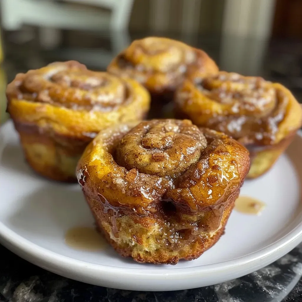 ['Close-up view of a golden-brown cinnamon roll muffin with a glossy topping.', 'Side view of a freshly baked cinnamon roll muffin showcasing its soft texture.', 'A single cinnamon roll muffin, rich in cinnamon and drizzled with icing.', 'Detailed image of a fluffy cinnamon roll muffin with a spiraled cinnamon filling.']