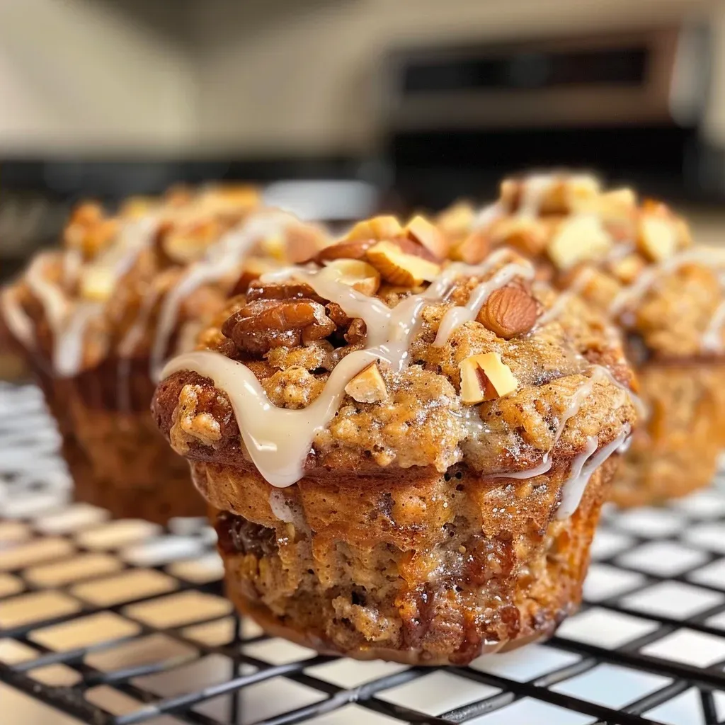 ['Close-up side view of a freshly baked cinnamon roll protein muffin with a golden-brown top.', 'Juicy cinnamon roll protein muffin highlighting its moist texture and sprinkled nuts.', 'Side view of a cinnamon roll protein muffin showcasing its rich cinnamon color and raisins.', 'Delicious-looking protein muffin with a cinnamon swirl, nuts, and a soft interior.']
