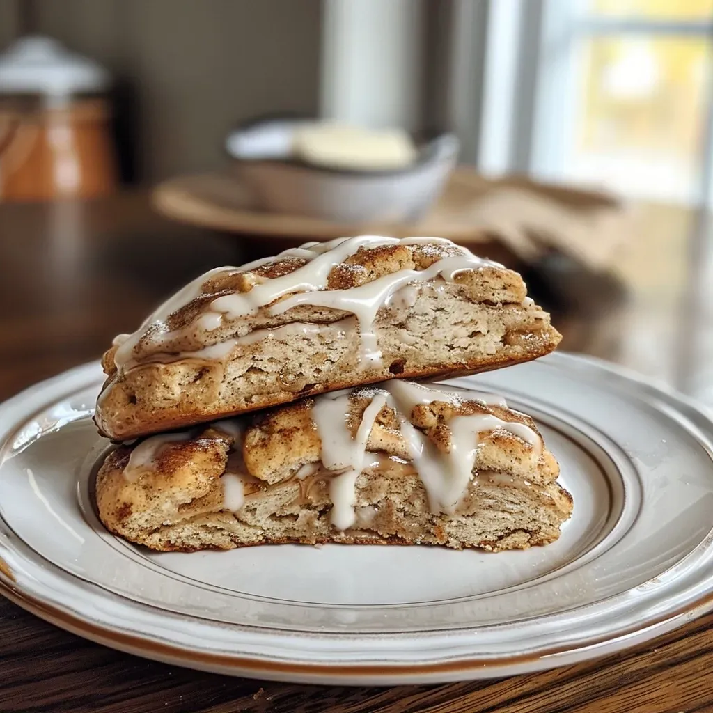 ['A close-up side view of golden-brown Cinnamon Roll Protein Scones on a white plate.', 'A freshly baked Cinnamon Roll Protein Scone, showcasing a fluffy texture and cinnamon swirls.', 'An appetizing Cinnamon Roll Protein Scone with a glossy brown sugar glaze, placed on a rustic wooden background.', 'A vibrant close-up of Cinnamon Roll Protein Scones, highlighting their soft, doughy layers and topped with cinnamon sugar.']