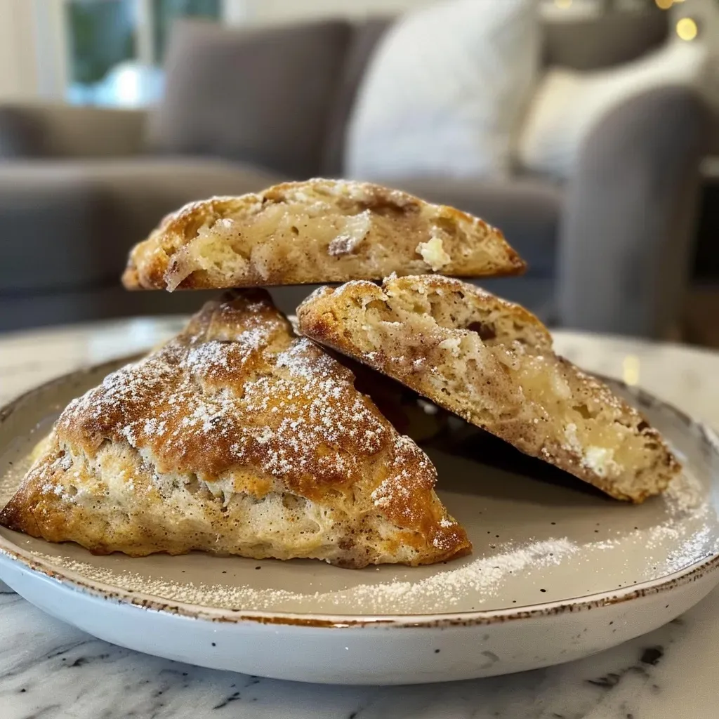 ['Close-up side view of golden brown cinnamon scones with a flaky texture.', 'A deliciously baked cinnamon scone with a sprinkle of cinnamon sugar on top.', 'Juicy cinnamon scones arranged on a plate, showcasing their soft and crumbly interior.', 'A side view of cinnamon scones highlighting their rich, creamy topping and golden crust.']