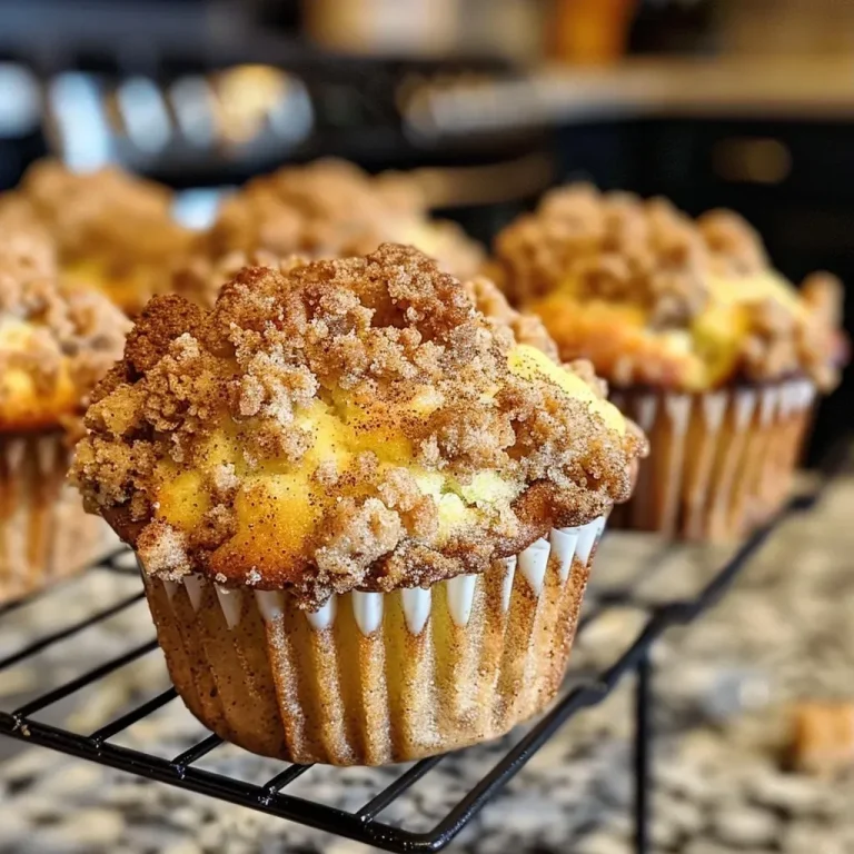 ['A close-up view of golden-brown cinnamon streusel muffins with crumbly topping.', 'Side view of freshly baked muffins topped with cinnamon streusel, showcasing their moist texture.', 'Juicy cinnamon streusel muffins with a rustic appearance, garnished with a crunchy sugar topping.', 'Delicious muffins with a sprinkle of cinnamon streusel visible on top, highlighting their homemade charm.']
