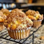 ['Close-up view of lightly golden cinnamon streusel muffins with a crumbly topping.', 'Side perspective of freshly baked cinnamon streusel muffins, showcasing their fluffy texture.', 'Juicy cinnamon streusel muffins with a rich, buttery streusel topping in focus.', 'Deliciously baked muffins featuring a golden-brown cinnamon streusel crust.']