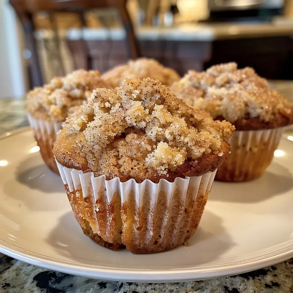 A close-up view of golden-brown cinnamon streusel muffins with crumbly topping.