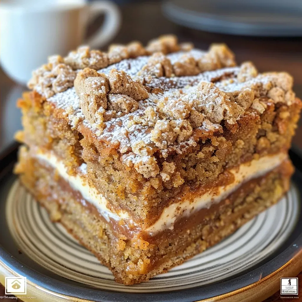 ['A close-up side view of a slice of Cinnamon Streusel Pumpkin Coffee Cake showcasing its moist texture and crumbly topping.', 'A vibrant slice of pumpkin coffee cake featuring a streusel topping, captured in natural light.', 'A detailed side shot of Cinnamon Streusel Pumpkin Coffee Cake, highlighting its layers of cake and cinnamon streusel.', 'A tempting piece of coffee cake with a golden pumpkin color and streusel topping, viewed from the side.']