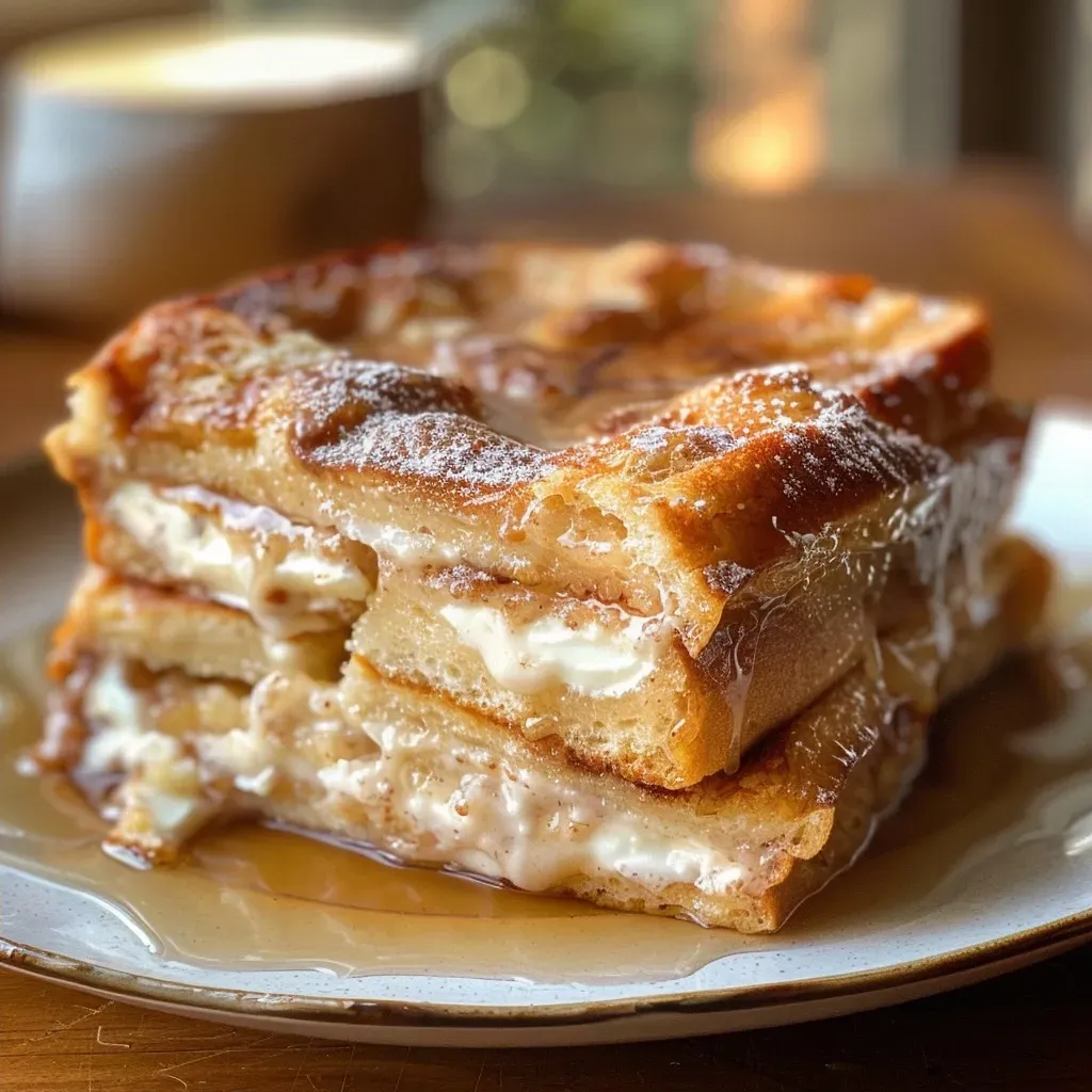 ['Close-up view of a cinnamon-stuffed French toast casserole topped with syrup.', 'Side view of a delicious baked French toast casserole with a creamy filling and cinnamon.', 'Juicy French toast casserole with chunks of challah and a rich cream cheese center.', 'Warm cinnamon-stuffed French toast casserole, gooey and inviting, ready to serve.']