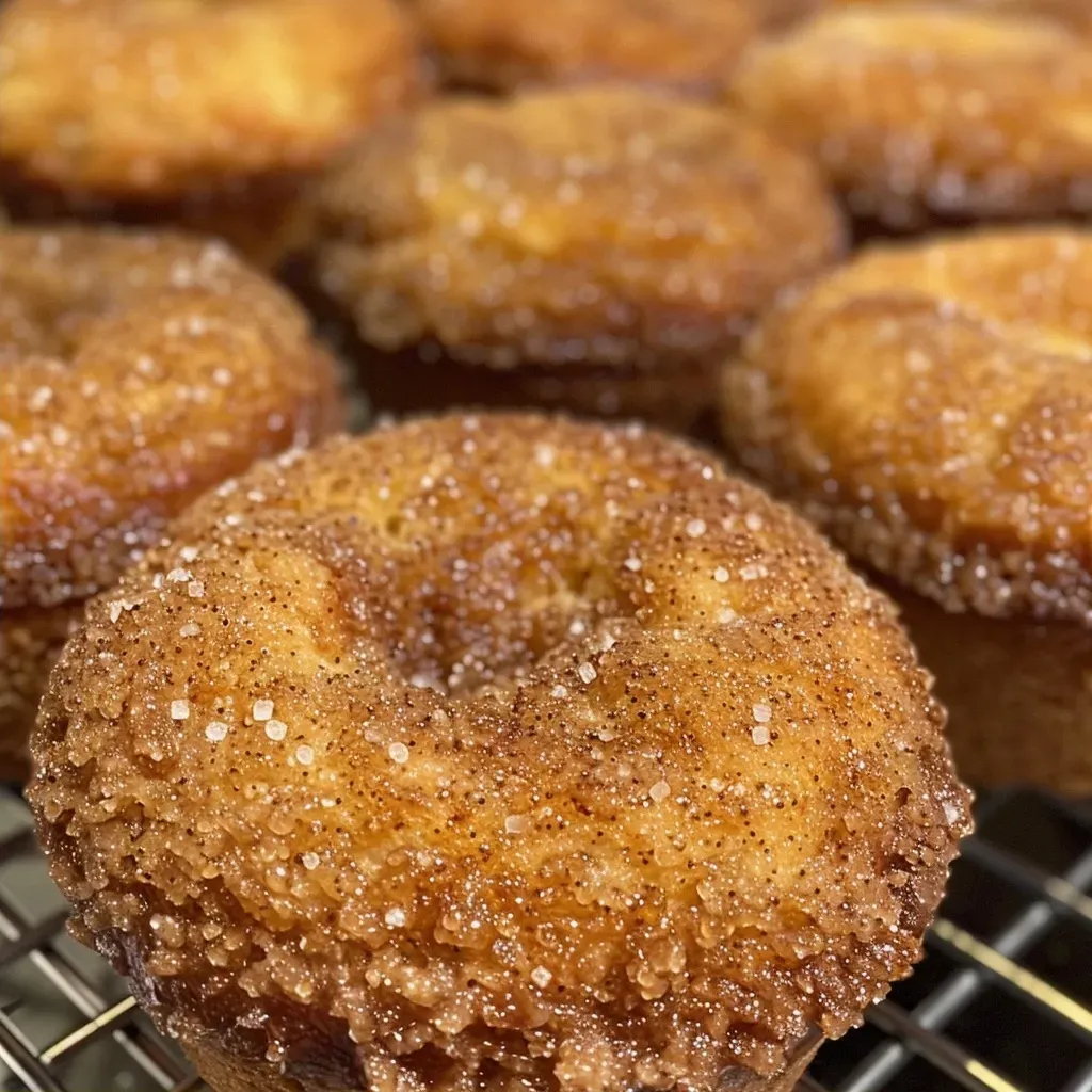 ['Close-up view of a cinnamon sugar donut muffin showcasing its golden-brown exterior.', 'Side view of a delicious cinnamon sugar donut muffin, highlighting its fluffy texture.', 'Juicy cinnamon sugar donut muffin with a sugary topping, captured in detail.', 'Close-up side perspective of a cinnamon sugar donut muffin, revealing its soft interior.']