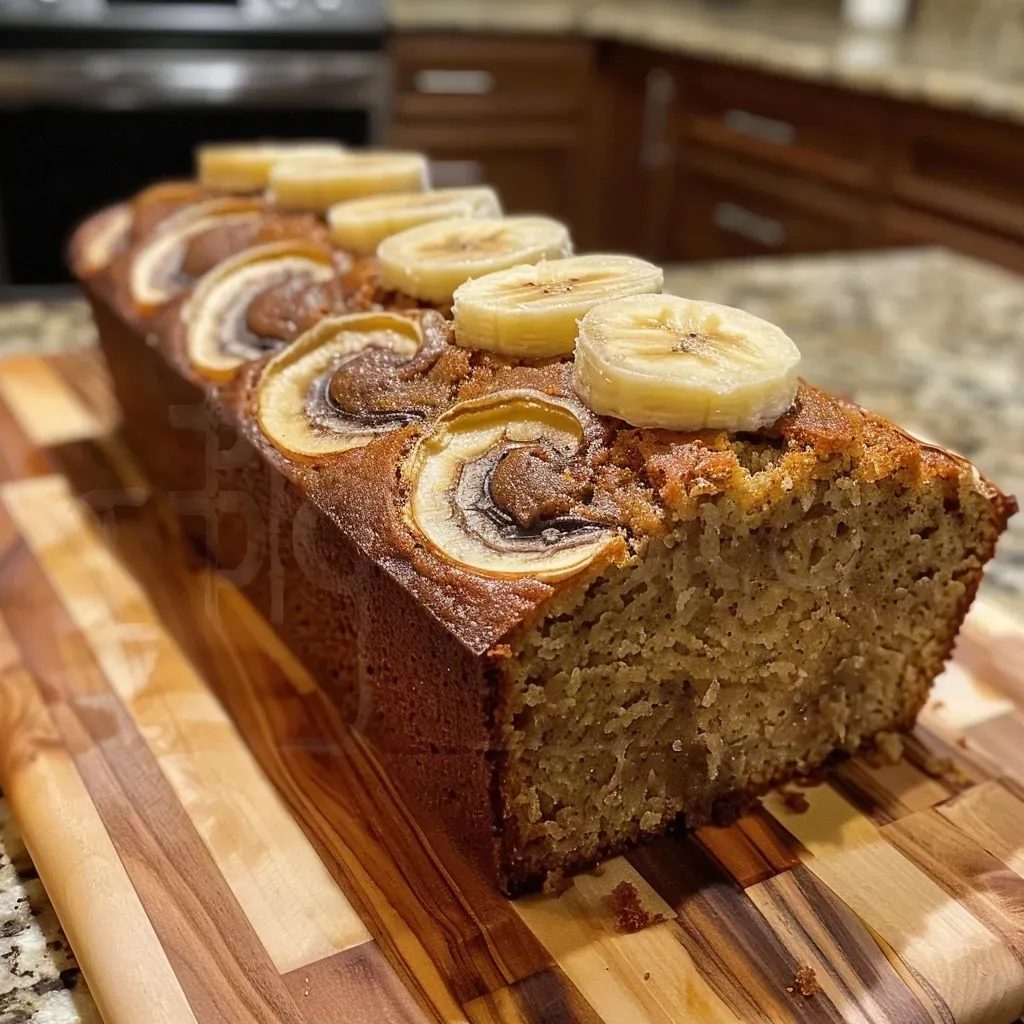 ['Close-up side view of a loaf of cinnamon swirled banana bread, showcasing its rich, golden-brown crust and visible cinnamon swirls.', 'Side view of a moist banana bread with cinnamon swirls, highlighting the texture and garnished with thin banana slices.', 'Detailed close-up of cinnamon swirled banana bread, featuring a shiny crust and a soft interior with hints of cinnamon.', 'Side view of a freshly baked banana bread infused with cinnamon, showing the decorative banana slices on top.']