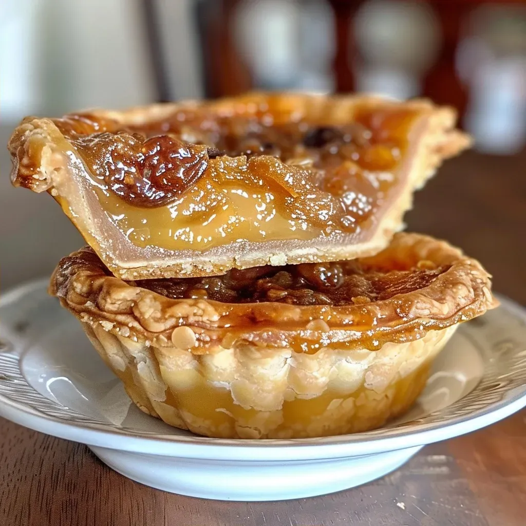 ['Close-up view of a classic Canadian butter tart with a flaky crust and golden filling.', 'Side view of a freshly baked butter tart showcasing its rich, gooey center and crisp edges.', 'A juicy butter tart with a shiny filling, displayed on a rustic surface.', 'Deliciously melted butter tart with raisins, highlighting its sweet and buttery texture.']