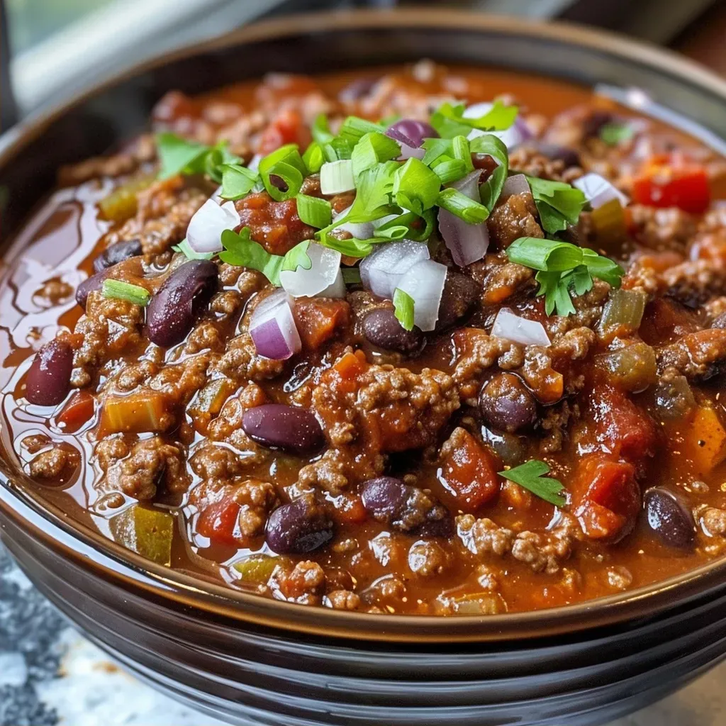 ['Close-up view of a bowl of classic slow cooker chili with ground beef and beans.', 'Juicy classic slow cooker chili featuring diced tomatoes and spices, served in a rustic bowl.', 'Side view of hearty slow cooker chili with visible beans, tomatoes, and herbs.', 'Richly textured classic chili made with ground beef, beans, and spices in a serving dish.']