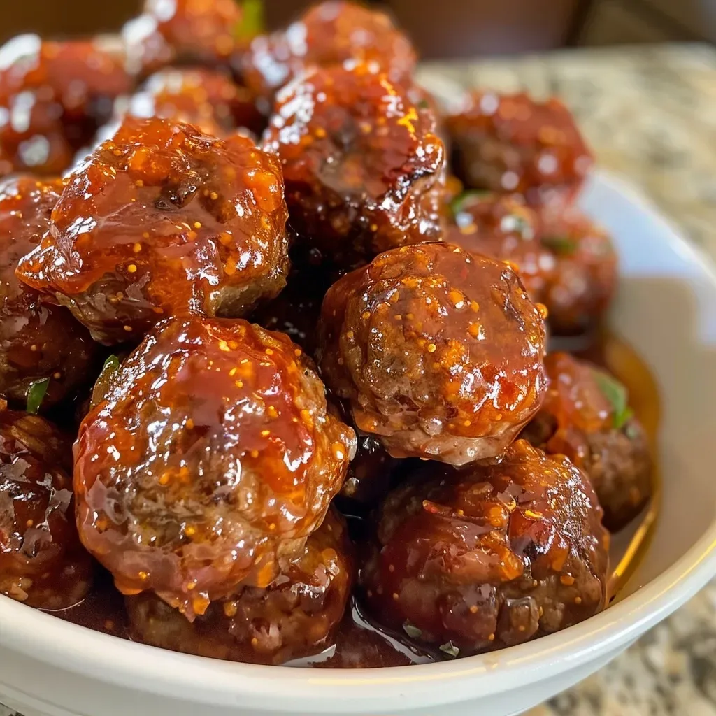 ['Close-up view of juicy cocktail meatballs on a plate, glistening with sauce.', 'Side profile of delicious cocktail meatballs, coated in a rich chili sauce.', 'Appetizing photo of cocktail meatballs with a shiny glaze, served in a dish.', 'Tasty meatballs in a savory sauce, showcased in a close-up view.']