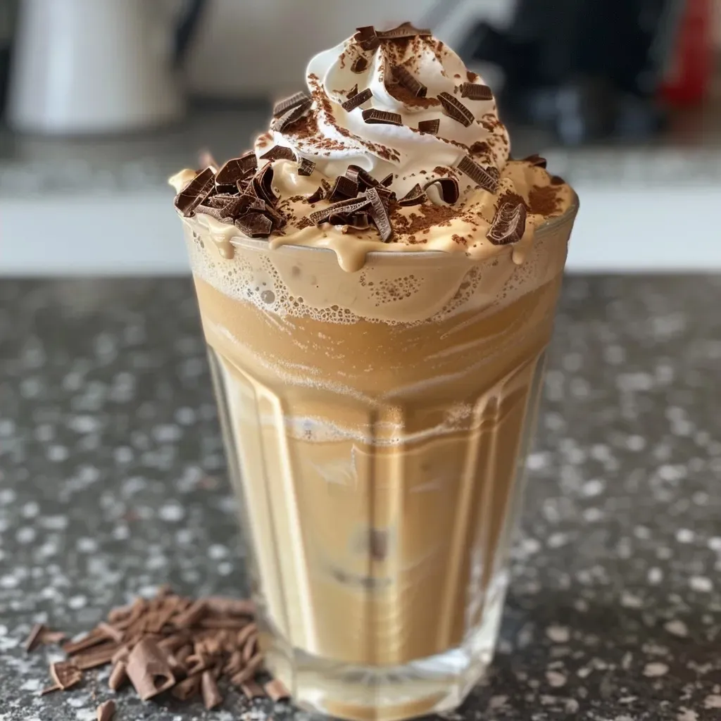 ['Close-up side view of a creamy coffee milkshake topped with whipped cream and chocolate shavings.', 'Frothy coffee milkshake in a glass, showcasing a rich chocolate drizzle and whipped cream.', 'Thick coffee milkshake captured from the side, adorned with fudge sauce and a sprinkle of cocoa.', 'Appetizing side view of a coffee-flavored milkshake, featuring a swirl of chocolate and whipped cream on top.']
