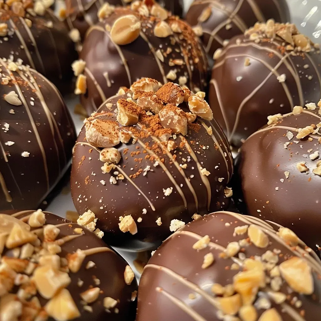 ['Close-up side view of glossy coffee toffee truffles with a sprinkle of cocoa powder.', 'A delicious arrangement of rich coffee toffee truffles, showcasing a smooth chocolate exterior and toffee bits.', 'Side profile of decadent coffee toffee truffles, highlighting their shiny coating and textured toppings.', 'A tempting look at indulgent coffee toffee truffles, featuring a blend of chocolate and toffee bits.']