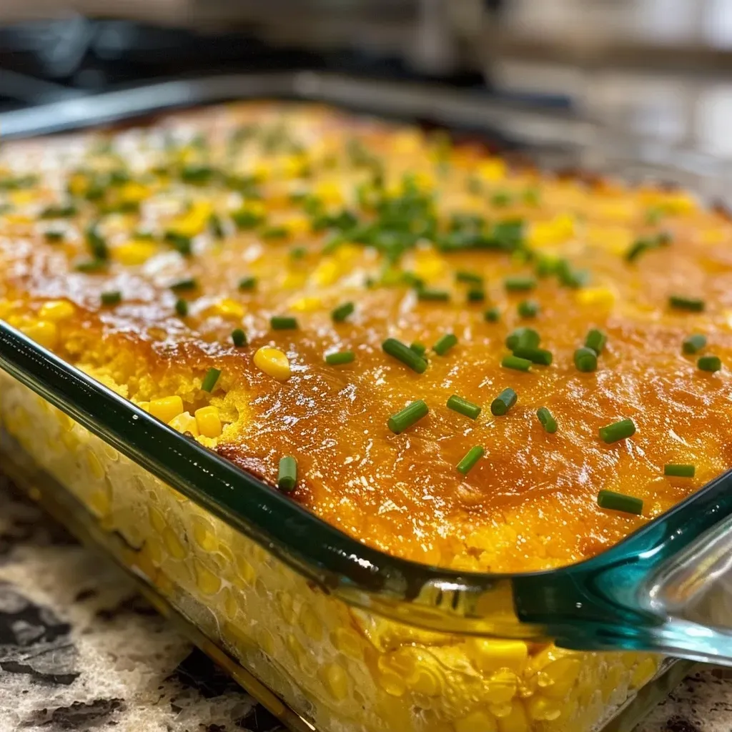 ['Close-up view of a juicy cornbread casserole with a golden crust.', 'Side view of cornbread casserole topped with sliced chives.', 'Juicy cornbread casserole showcasing its fluffy texture and butter drizzle.', 'Delicious cornbread casserole with visible layers of corn and sour cream.']