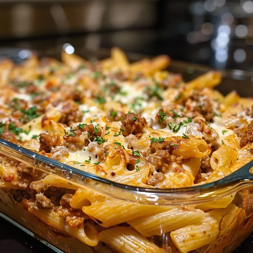 ['A close-up side view of Cottage Cheese Protein Pasta Bake with ground beef and melted cheese on top.', 'Juicy Cottage Cheese Protein Pasta Bake, featuring layers of pasta, beef, and cheese in a baking dish.', 'A tantalizing view of Cottage Cheese Protein Pasta Bake, showing the golden mozzarella and fresh parsley garnish.', 'A hearty serving of Cottage Cheese Protein Pasta Bake, highlighting the ingredients nestled within the dish.']