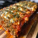 ['Juicy Cottage Cheese Turkey Meatloaf with melted mozzarella on top, showcased in a close-up side view.', 'Moist turkey meatloaf made with cottage cheese and marinara, captured from a side angle.', 'Delicately baked turkey meatloaf featuring layers of cottage cheese and cheese cubes, seen from the side.', 'Close-up of a succulent turkey meatloaf, highlighting its gooey cheese texture and vibrant color.']