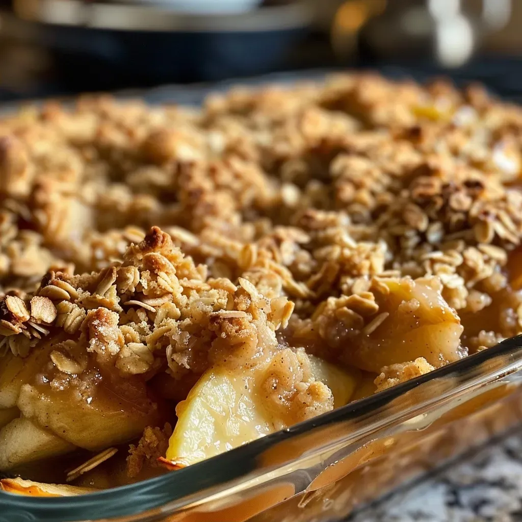 ['Close-up of a warm apple crisp topped with an oatmeal crumble, showcasing baked apples and a golden-brown crust.', 'Side view of a cozy apple crisp with crumbly oatmeal topping, revealing juicy apples underneath.', 'Delicious homemade apple crisp with a crunchy oat and brown sugar topping, presented in a rustic dish.', 'Freshly baked apple crisp highlighting golden-brown oats and cinnamon dust, invitingly served in a bowl.']