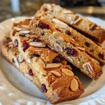 ['Close-up view of golden-brown cranberry almond biscotti with a crunchy exterior and visible fruit and nuts.', 'Side view of cranberry almond biscotti showcasing its texture and inclusion of cranberries and almonds.', 'Detailed shot of biscotti highlighting its crispy edges and bits of cranberries and whole almonds.', 'Close-up image of a slice of biscotti, focusing on the juicy cranberries and almond pieces embedded in the dough.']