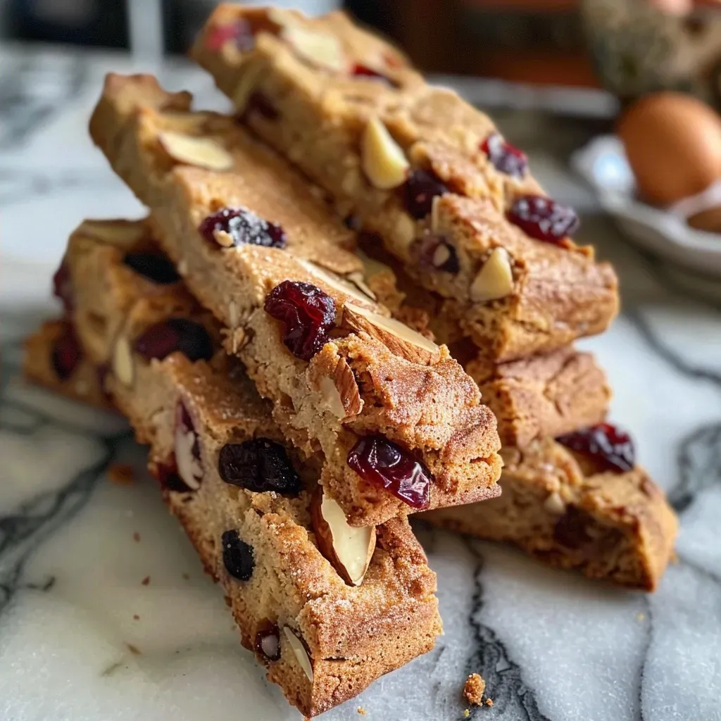 ['Close-up view of golden-brown cranberry almond biscotti with a crunchy exterior and visible fruit and nuts.', 'Side view of cranberry almond biscotti showcasing its texture and inclusion of cranberries and almonds.', 'Detailed shot of biscotti highlighting its crispy edges and bits of cranberries and whole almonds.', 'Close-up image of a slice of biscotti, focusing on the juicy cranberries and almond pieces embedded in the dough.']