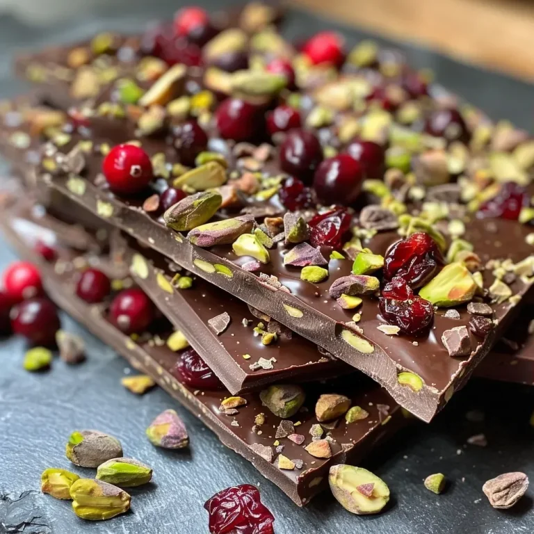 ['Close-up view of dark chocolate bark with visible dried cranberries and pistachios.', 'A side view of chocolate bark highlighting the mixture of cranberries and pistachios.', 'Detailed close-up of chocolate bark featuring shiny dark chocolate, red cranberries, and green pistachios.', 'Rich dark chocolate bark with pieces of cranberries and pistachios, shot from the side.']