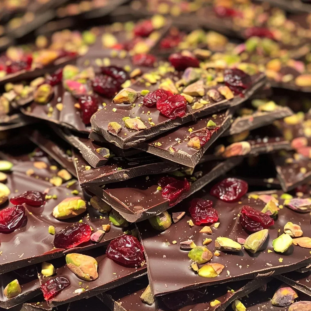 Close-up view of dark chocolate bark with visible dried cranberries and pistachios.