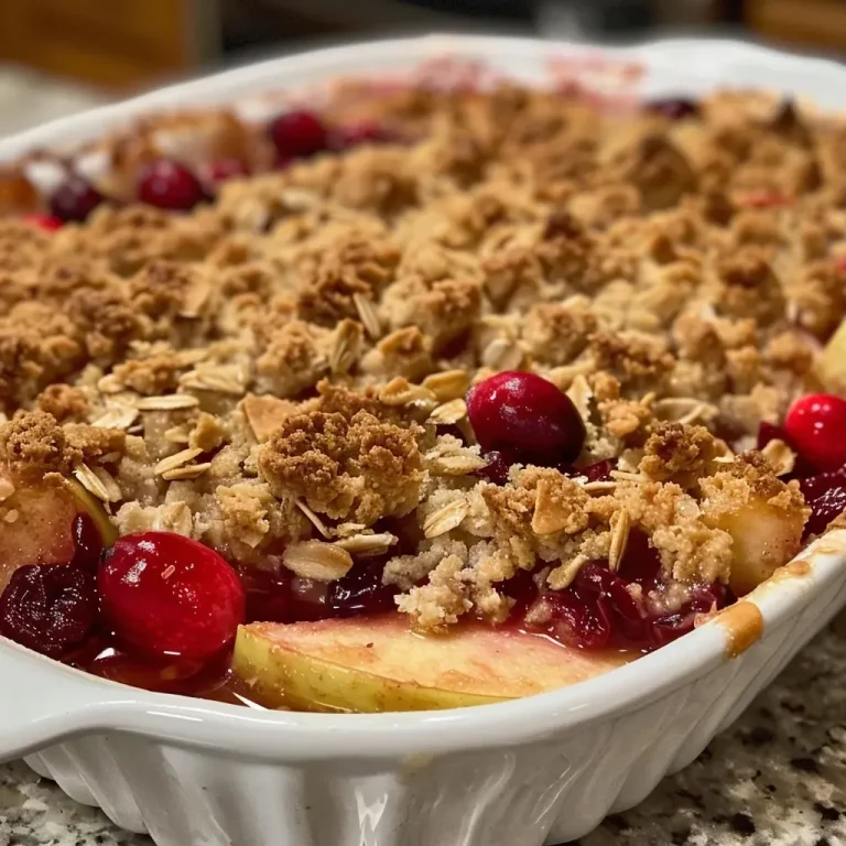 ['Close-up view of a baked cranberry apple crisp topped with golden, crumbly oat topping.', 'Side profile of a delicious cranberry apple crisp with visible layers of apples and cranberries.', 'Tasty cranberry apple crisp in a baking dish, showcasing its crisp topping and juicy filling.', 'A vibrant cranberry apple crisp freshly baked, highlighting its crumbly texture and fresh fruit.']