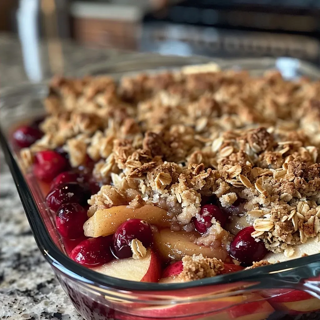 ['Close-up view of a baked cranberry apple crisp topped with golden, crumbly oat topping.', 'Side profile of a delicious cranberry apple crisp with visible layers of apples and cranberries.', 'Tasty cranberry apple crisp in a baking dish, showcasing its crisp topping and juicy filling.', 'A vibrant cranberry apple crisp freshly baked, highlighting its crumbly texture and fresh fruit.']