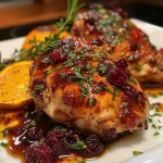 ['Juicy Cranberry Orange Chicken served on a plate with garnishes.', 'Close-up view of a succulent chicken breast drizzled with cranberry sauce.', 'A side view of glazed chicken with orange slices and fresh cranberries.', 'Radiant dish of Cranberry Orange Chicken on a rustic table setting.']