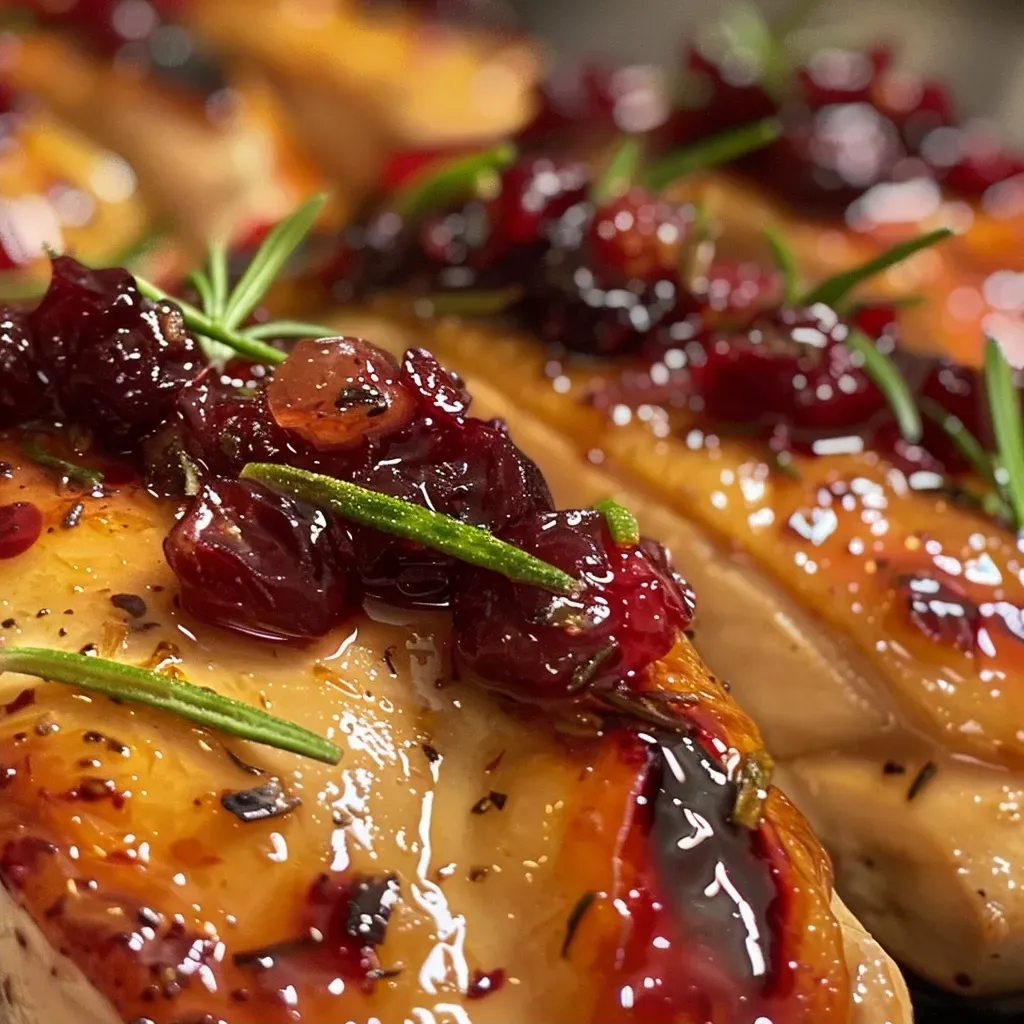 ['Juicy Cranberry Orange Chicken served on a plate with garnishes.', 'Close-up view of a succulent chicken breast drizzled with cranberry sauce.', 'A side view of glazed chicken with orange slices and fresh cranberries.', 'Radiant dish of Cranberry Orange Chicken on a rustic table setting.']