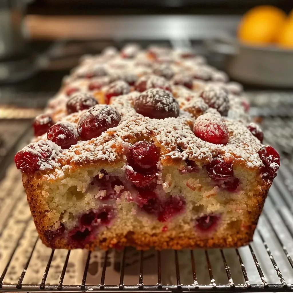 ['Side view of a moist Cranberry Orange Loaf Cake with a smooth glaze and cranberries topping.', 'Close-up of a sliced Cranberry Orange Loaf Cake showcasing its vibrant cranberries and orange zest.', 'Detailed view of a freshly baked Cranberry Orange Loaf Cake, highlighting its texture and color.', 'Juicy Cranberry Orange Loaf Cake arranged beautifully, featuring a golden crust and bright orange accents.']