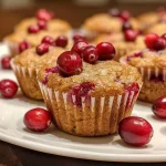 ['A side view of golden-brown Cranberry Orange Mini Muffins with bits of red cranberries visible.', 'Close-up image showing vibrant, textured mini muffins packed with juicy cranberries and orange zest.', 'A tray of freshly baked Cranberry Orange Mini Muffins, emphasizing the glossy surface and bursting cranberries.', 'Juicy mini muffins displayed, highlighting the bright orange and red colors of cranberries and zest.']