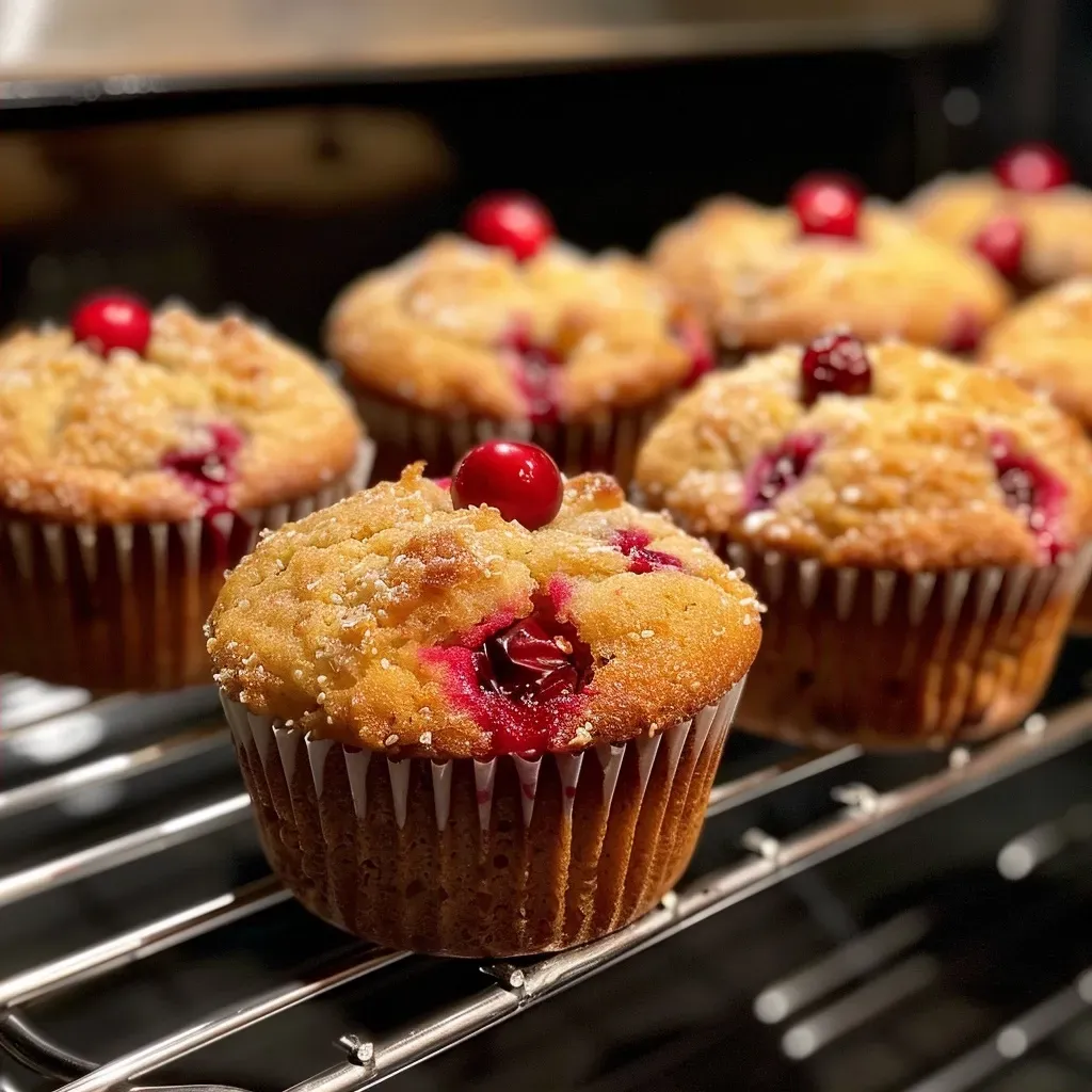 ['A side view of golden-brown Cranberry Orange Mini Muffins with bits of red cranberries visible.', 'Close-up image showing vibrant, textured mini muffins packed with juicy cranberries and orange zest.', 'A tray of freshly baked Cranberry Orange Mini Muffins, emphasizing the glossy surface and bursting cranberries.', 'Juicy mini muffins displayed, highlighting the bright orange and red colors of cranberries and zest.']
