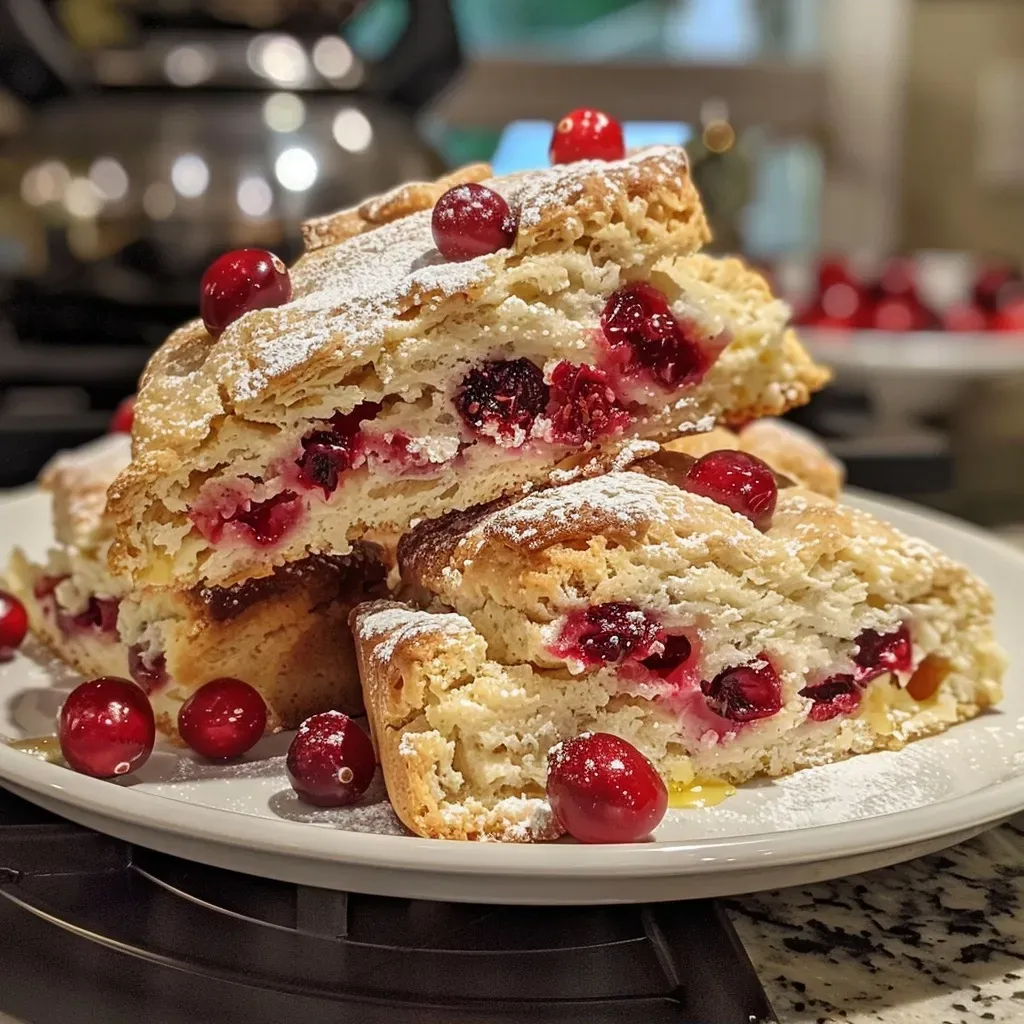 ['A close-up view of a freshly baked Cranberry Orange Scone with visible cranberries.', 'A side view of a golden-brown Cranberry Orange Scone highlighting its flaky texture.', 'A delicious, warm scone topped with a light glaze, featuring bits of cranberries and orange zest.', 'An iPhone photo showcasing a juicy Cranberry Orange Scone, revealing its moist interior.']
