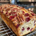['Close-up side view of freshly baked Cranberry Pecan Bread showcasing its crust and texture.', 'Detailed shot of Cranberry Pecan Bread, revealing the vibrant cranberries and pecans embedded in the dough.', 'Side perspective of a loaf of Cranberry Pecan Bread, highlighting its golden crust and moist interior.', 'Close-up of a slice of Cranberry Pecan Bread with visible cranberries and pecans, emphasizing its rich ingredients.']