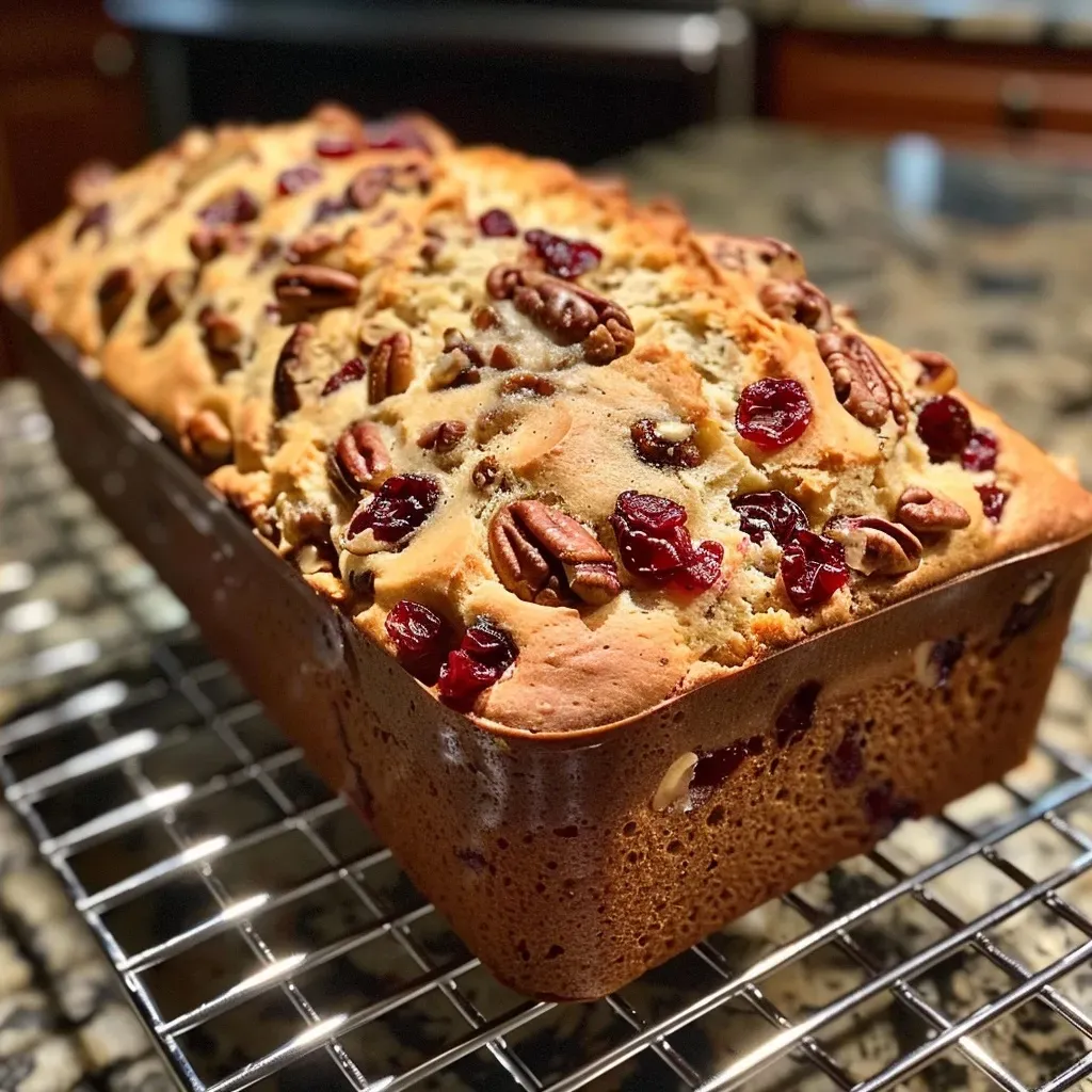 ['Close-up side view of freshly baked Cranberry Pecan Bread showcasing its crust and texture.', 'Detailed shot of Cranberry Pecan Bread, revealing the vibrant cranberries and pecans embedded in the dough.', 'Side perspective of a loaf of Cranberry Pecan Bread, highlighting its golden crust and moist interior.', 'Close-up of a slice of Cranberry Pecan Bread with visible cranberries and pecans, emphasizing its rich ingredients.']